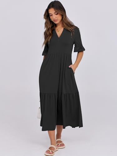 ANRABESS Womens Summer Maxi Dresses Casual Ruffle Short Sleeve V Neck Flowy Tiered 2026 Spring T Shirts Beach Boho Dress Black X-Large