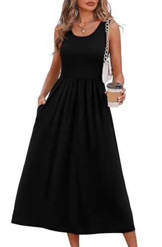 WIHOLL Black Dresses for Women Sleeveless Flowy Midi Dresses for Women Maxi Beach Vacation Spring Summer Dress Sundresses for Women Casual Plus Size Dress Graduation Dress Solid Black XL