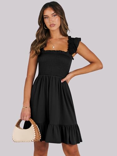 ANRABESS Women's Summer Casual Sleeveless Square Neck Dress 2025 Smocked Ruffle Backless Boho Beach Cute Teen Short Sundress Black Small