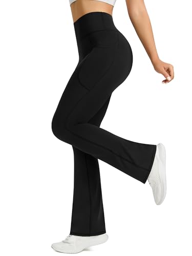 PRETISKY Womens Flared Yoga Pants with Pockets, High Waisted Flare Leggings Bell Bottom Bootcut Yoga Dress Pants Black