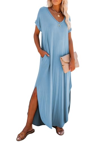 Dokotoo Women's Dresses V Neck Short Sleeve Maxi Sundresses for Women Plus Size Beach Essentials Womens Maxi Dress Womens Summer Outfits Sun Dress Casual Long Dresses for Women Mist Blue XL