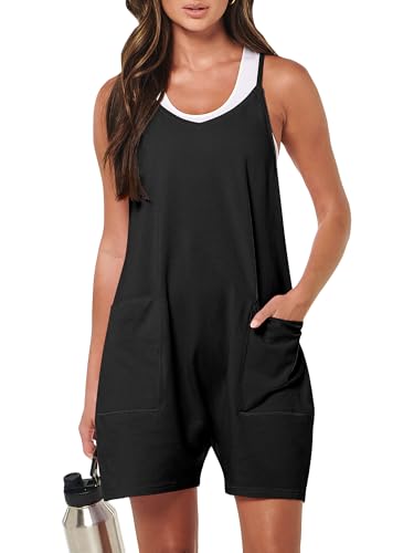 ANRABESS Womens Rompers Summer Casual Loose Sleeveless Overalls Spaghetti Strap Shorts Jumpsuit 2026 Beach Vacation Clothes Black Medium