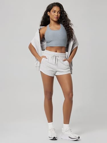 ODODOS Women's Sweat Shorts with Pockets Cotton French Terry Drawstring Summer Workout Casual Lounge Shorts, White Heather, Small