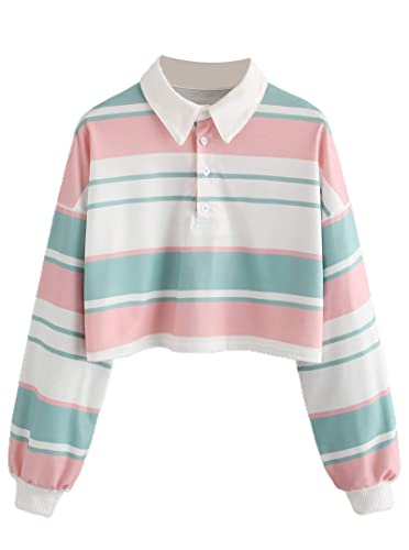 Natalie Winters Dress - Remidoo Women's Collared Half Button Long Sleeve Striped Crop Top Sweatshirt Small White