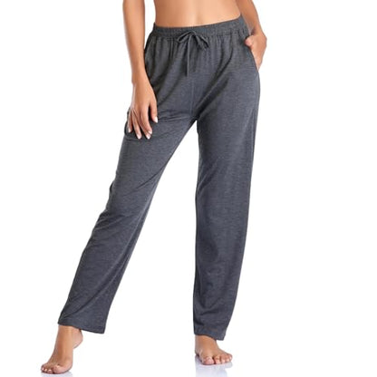 Envlon Women's Yoga Pants with Pockets Comfy Stretch Loose Wide Leg Casual Pants Breathable Running Workout Lounge Pants (Dark Grey, Large)