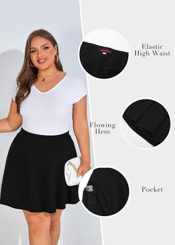 Hanna Nikole Plus Size Women's Skater Skirt High Waist Fashion Flared Versatile Black Short Skort with Pocket 5X