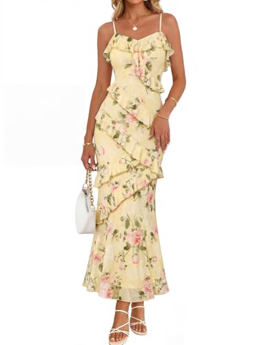 MEROKEETY Summer Floral Wedding Guest Maxi Dress Womens 2026 Spring Formal Bodycon Ruffle Spaghetti Strap Cocktail Long Dress, Yellow, X-Small