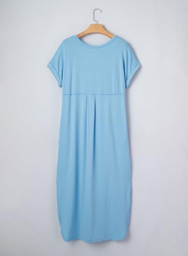 Dokotoo Women's Dresses V Neck Short Sleeve Maxi Sundresses for Women Plus Size Beach Essentials Womens Maxi Dress Womens Summer Outfits Sun Dress Casual Long Dresses for Women Mist Blue XL