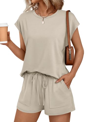 AUTOMET Womens Lounge Two 2 piece Sets Summer Spring Cruise Outfits 2026 Matching Beach Vacation Clothes Travel Sweatsuits Sweat Casual Romper Shorts Fashion Trendy Clothing Loungewear Khaki M