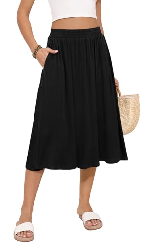 MLXSJ Women's Midi Skirt Summer Flowy Elastic High Waisted Casual Pleated Skirts with Pockets (Black, XL)