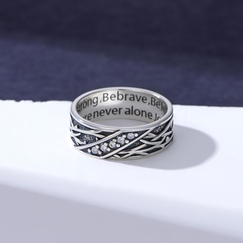 Lattd Joshua 1:9 Crown of Thorns Ring for Men 925 Sterling Silver Moissanite Oxidized Christian Religious Jewelry Catholic Faith Band Ring Inspirational Gift for Him Husband Son Size 10