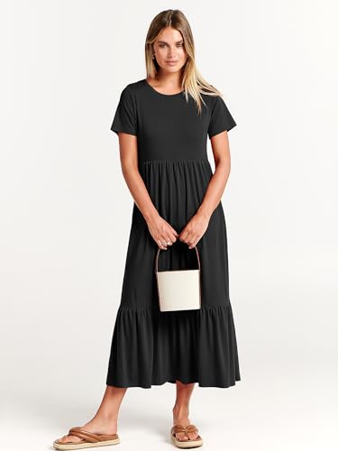 ANRABESS Womens 2026 Summer Casual Maxi Dress A line Tiered Flowy Short Sleeve Crewneck T Shirt Beach Travel Long Dresses Black X-Large