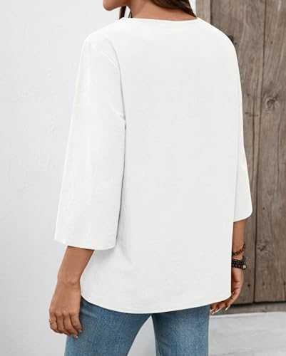 LOMON 3/4 Length Sleeve Womens Tops Loose Fit Boho Tops Cotton Linen V Neck Shirt Spring Dressy Peasant Blouses(White,L)