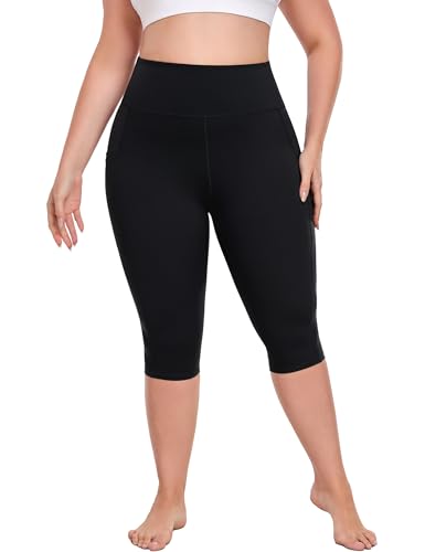 MEJING Womens Plus Size Capri Leggings with Pockets, Black Yoga Pants High Waisted, Knee Length Workout Legging Stretchy, Gym Activewear XL