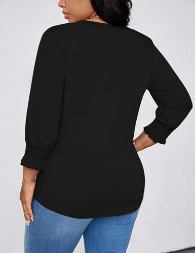 TFSDOD Plus Size Tops for Women Trendy 3/4 Length Sleeve Womens Tops Loose Fit Dressy Blouses V Neck Shirts Summer Outfits for Women Black 2X