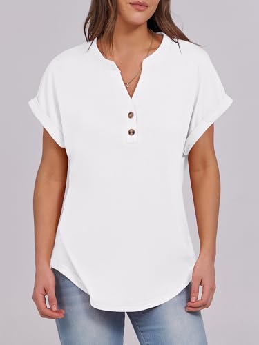 ANRABESS Womens Short Sleeve Henley Tops V Neck Dressy Casual Blouses Summer Trendy Tee Shirts 2026 Vacation Fashion Clothes White XL