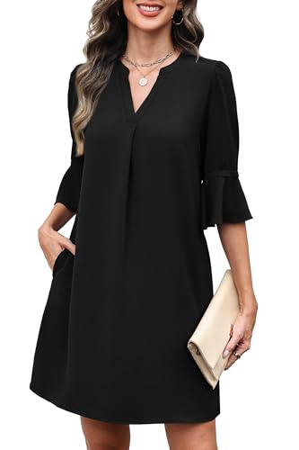 RUMIA Shift Dress for Women V Neck Ruffle Sleeve Office Work Casual Dress Black L