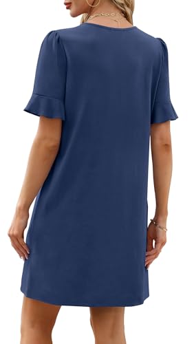 OFEEFAN Navy Blue Dresses for Women Summer V Neck Business Dresses for Women Ruffle Shift Dress with Pockets L