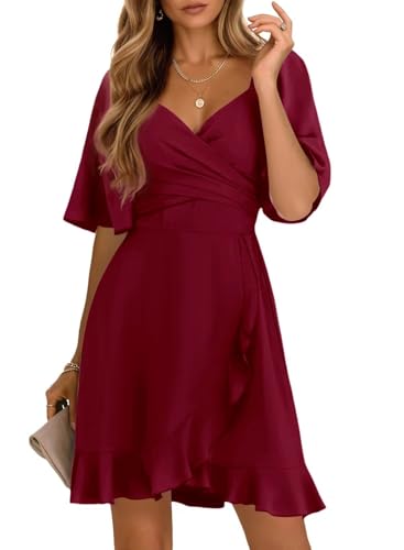Dokotoo Womens Summer Wrap V Neck Short Flared Sleeve Smocked Elastic Waist Tiered Belted Ruffle Hem Mini Dress Wedding Guest Dresses for Women Ruby M