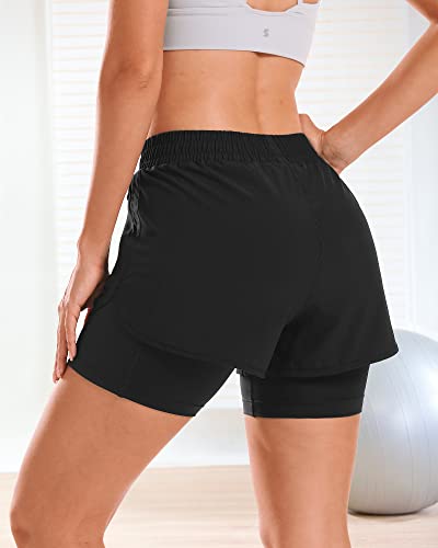 Stelle Women 2 in 1 Running Shorts High Waisted Athletic Shorts Gym Workout Shorts with Liner Zipper Pockets (Black, M)