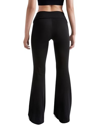 MOOSLOVER Women Flare Leggings Fold Over Bootcut Yoga Pants Casual Y2K Lounge Pants Comfy Cotton Leggings(M,Black)