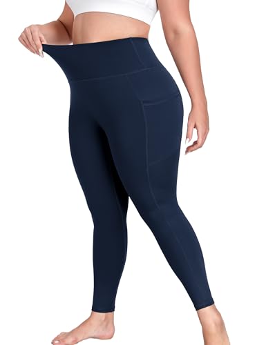 MEJING Plus Size Navy Blue Leggings for Curvy Women with Pockets, High Waist Yoga Pants Tummy Control, Stretch Workout Leggings, Soft Activewear 3XL
