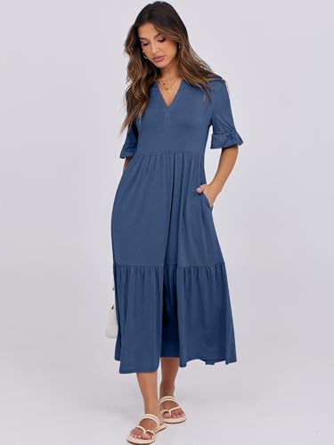 ANRABESS Womens Summer Maxi Dresses Casual Ruffle Short Sleeve V Neck Flowy Tiered 2026 Spring T Shirts Beach Boho Dress Blue Medium