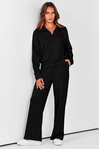 PRETTYGARDEN Women's 2025 Fall Lounge Sets Casual Half Zip Sweatshirt and Wide Leg Pants 2 Piece Outfits Sweatsuit (Black,Medium)