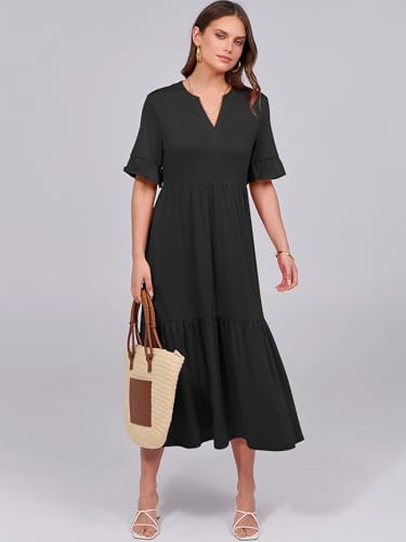 ANRABESS Womens Summer Maxi Dresses Casual Ruffle Short Sleeve V Neck Flowy Tiered 2026 Spring T Shirts Beach Boho Dress Black X-Large