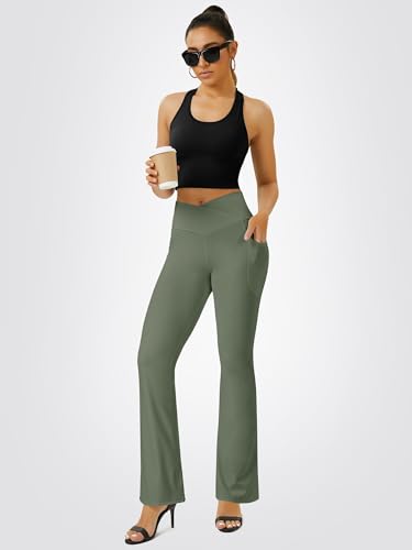 FOHOFO Yoga Pants Women, Flare Leggings for Women with Pockets Crossover High Waisted Bootcut Yoga Pants Army Green