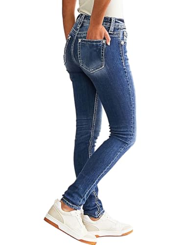 Flamingals Women's Butt Lifting Skinny Leg Jeans Stretchy Tummy Control Mid Rise Denim Jeans Deep Blue Denim L