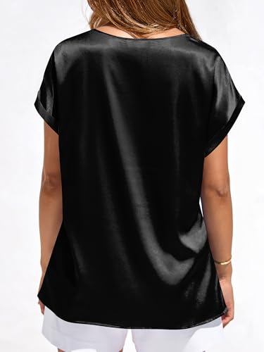 BTFBM Summer Tops for Women 2026 Dressy Satin Blouses Loose Crew Neck Short Sleeve Shirts Work Business Casual Outfits(Black, Medium)