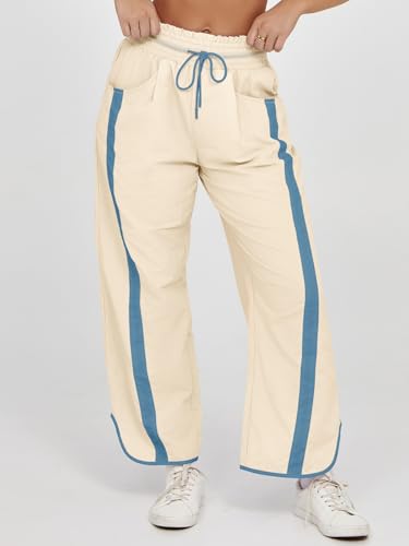 Fisoew Women's Baggy Wide Leg Pants Casual Drawstring Elastic Waisted Contrast Color Workout Y2K Track Pants Beige