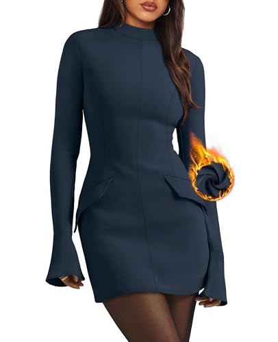Christmas Party Dress - OFEEFAN Womens Fall Long Sleeve Mock Neck Dress Basic Party Club Bodycon Mini Dresses Darkgreyblue