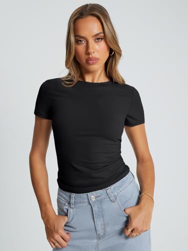 Trendy Queen Womens Basic T Shirts Summer Tops 2026 Crop Short Sleeve Slim Fit Tee Cute Gym Workout Clothes Black M