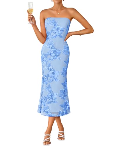 ZESICA Women's Summer Strapless Floral Midi Dress 2026 Bodycon Mesh Tube Wedding Guest Cocktail Party Formal Dresses Blue Medium