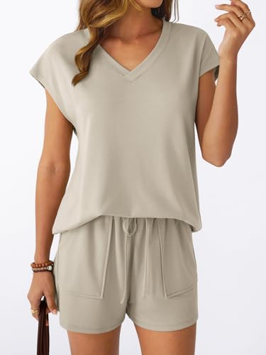 AUTOMET Women 2 Piece V Neck Matching Lounge Sets Clothing Spring Cap Sleeve Shirt and Shorts Loungewear 2026 Summer Travel Airport Outfit Cruise Beach Vacation Clothes Gym Maternity Resort Wear