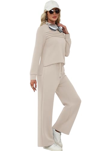 WIHOLL Lounge Sets for Women 2 Piece Spring Outfits 2026 Business Casual Outfits Travel Vacation Summer Fall Winter 2025 Wide Leg Crop Pants Mock Neck Valentines Day Khaki XL
