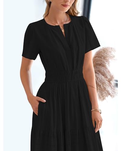 BTFBM Womens Summer 2026 Casual Midi Maxi Dresses Lightweight Short Sleeve V Neck Elastic Waist Boho Beach Dress Pockets