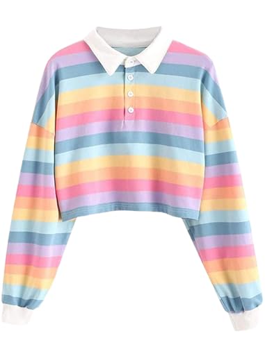 Natalie Winters Dress - Remidoo Women's Collared Half Button Long Sleeve Striped Crop Top Sweatshirt Pink