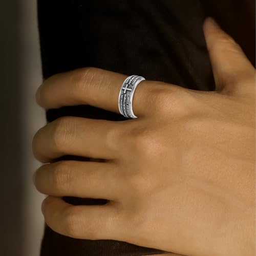 Lattd Cross Ring for Men 925 Sterling Silver Our Father Prayer Spinner Band Rings Size 11 Christian Jewelry for Dad Husband