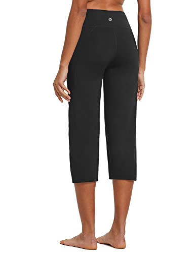 baleaf Yoga Pants for Women Capris High Waist Leggings with Pockets Wide Leg Exercise Workout Crop Straight Open Bottom Black L