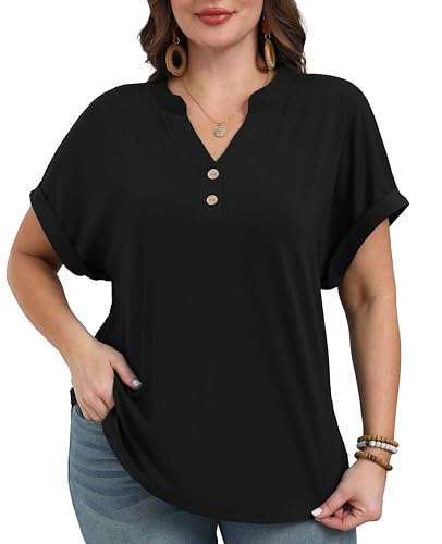 OLRIK Women Plus Size Summer Tops Trendy Button Down V Neck Loose Fit Shirts Short Sleeve Blouses Business Casual Loose Tunics Black-3X
