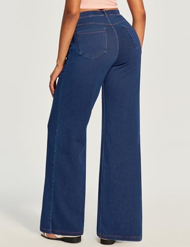 Ewedoos Wide Leg Jeans for Women Stretchy Sweatpant Jeans Women Pull On High Waisted Straight Womens Jeans Baggy Denim Pants Dark Blue