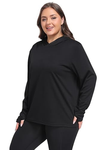 ZERDOCEAN Womens Plus Size Workout Tops Hoodie Long Sleeve Shirts Outfits for Hiking Running Cover Ups for Women Black 2X