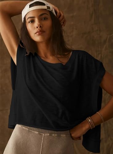 Kumufenc Women Short Sleeve Workout Shirts Open Back Tops Casual Yoga Y2k Athletic Gym Slouchy Crop Running Tees(Black,M)