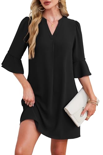 RUMIA Shift Dress for Women V Neck Ruffle Sleeve Office Work Casual Dress Black L