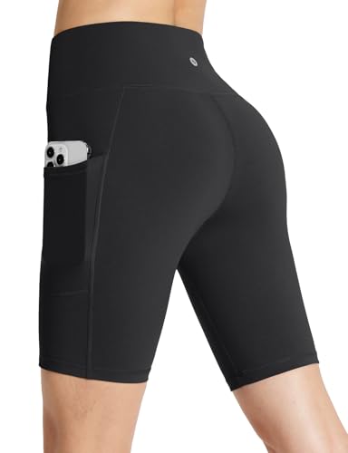 baleaf Biker Shorts for Women Workout Yoga Gym Spandex Running Volleyball Tummy Control Compression with Pockets 8" Black M