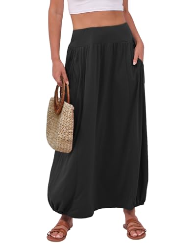 ANRABESS Women's Maxi Skirt Summer Trendy High Waisted Boho Flowy Long Skirts 2026 Spring Fashion Beach Vacation Clothes Black Large