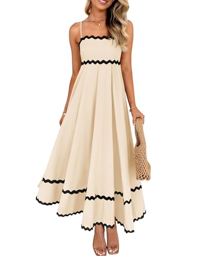 ZESICA Women's 2025 Summer Spaghetti Straps Sleeveless Backless Sundress Flowy Smocked Lace Swing A Line Midi Dress,Apricot,Small